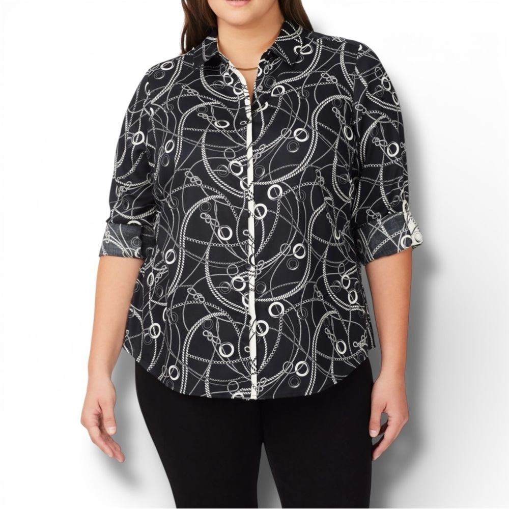 FOXCROFT Charlie Cotton Button-Up Shirt - Plus 14W Black/Ivory Chains